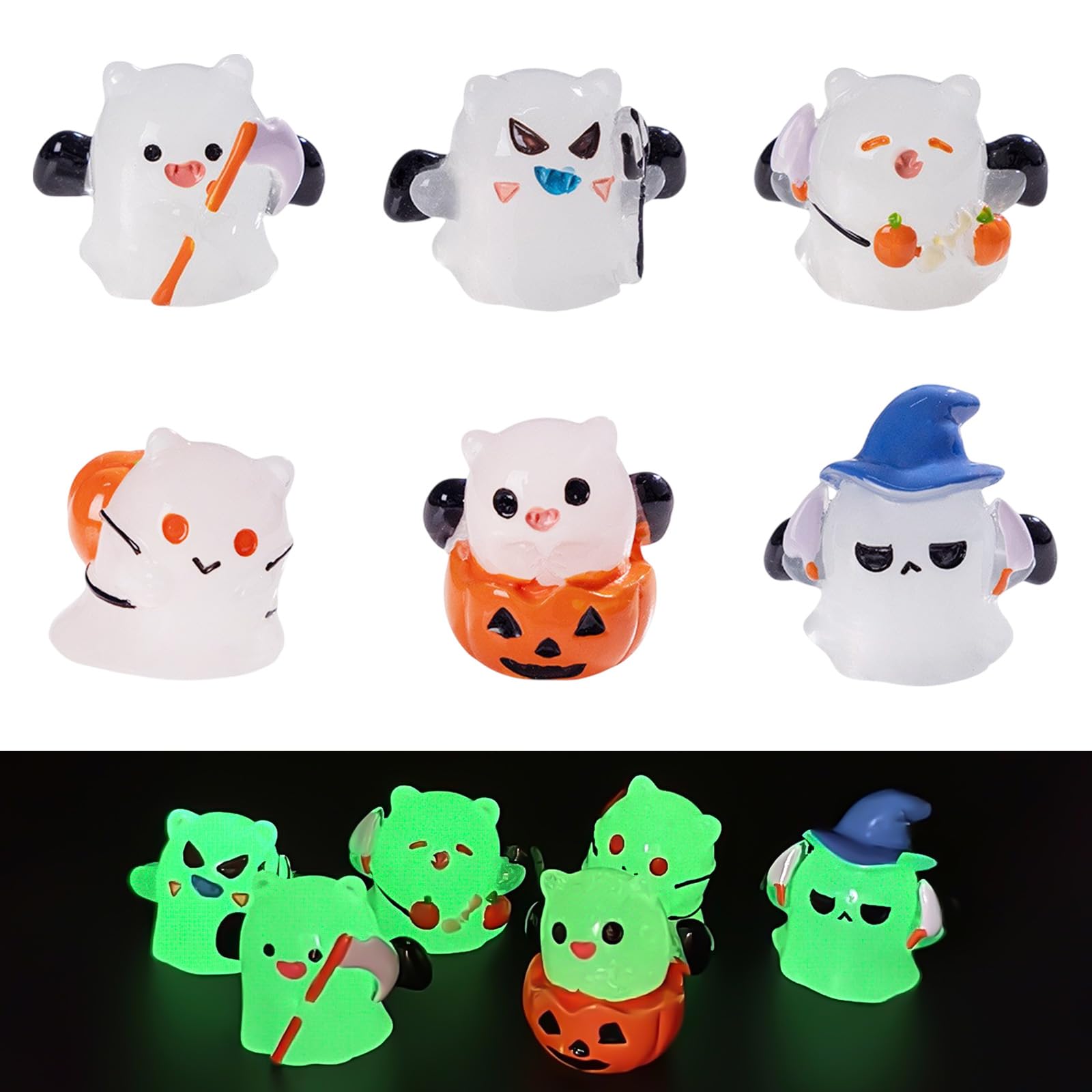 Halloween Ghost Figurine, Funny Glow in The Dark Spooky Resin Ghost with Pumpkin Basket Statue, Cute Decor for Halloween Decorations Indoor, Porch Indoor Home Decor Gifts